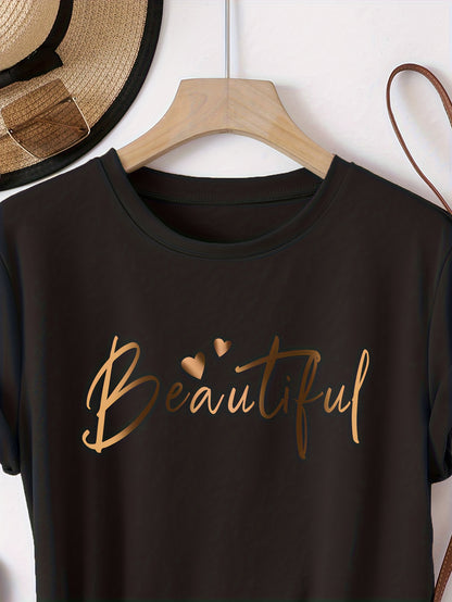 3er-Pack Damen-T-Shirts mit kurzen Ärmeln und inspirierendem Schriftzug - „Beautiful“, „Grateful“, „Milano Italy“
