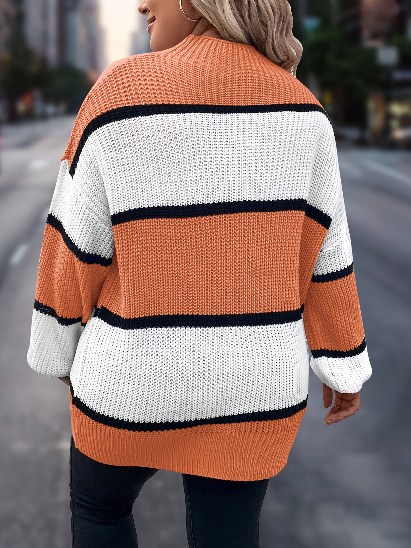 Übergröße, Neuer gestreifter Pullover für Damen Herbst/Winter, Farbblock-Lässig-Stil, Langarmshirt mit Rundhalsausschnitt