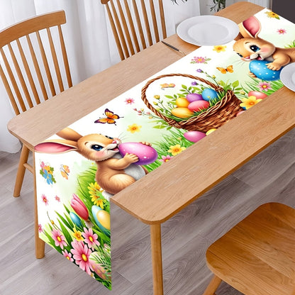 1 Stk. Frühling Oster-Tischdecke, lebendige Hasen, Eier, Blumen & Schmetterlings-Design Tischdecke, saisonale Frühlings-Küchen- und Esstischdekoration, Feiertags-Party-Outdoor-Dekor, Frohe Ostern Dekorationen für Zuhause, Landhausstil