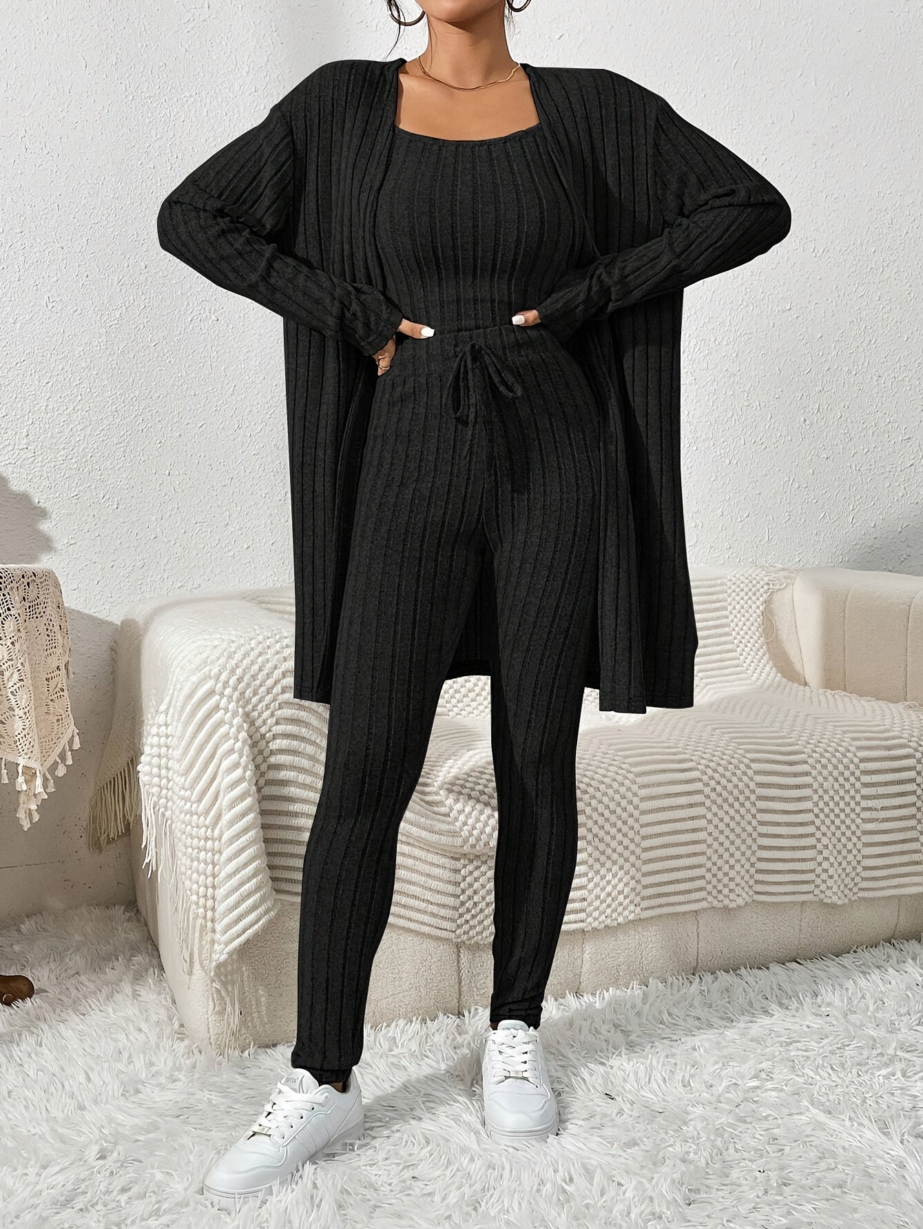 Übergröße, Damen Freizeit Strickjacke mit langen Ärmeln, Top und enge Hose Set, Übergröße Damen Herbst/Winter Dreiteiliges Hosen-Set