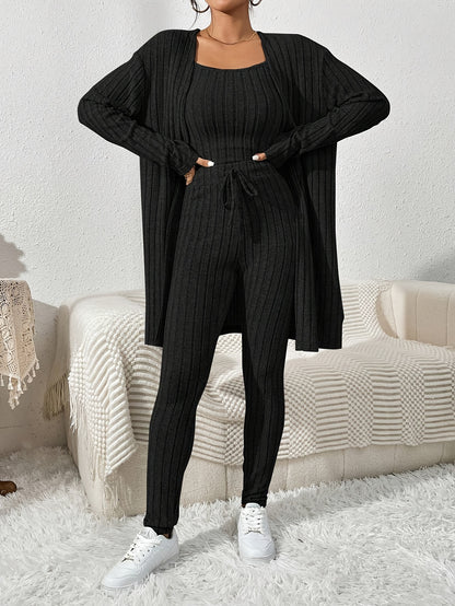 Übergröße, Damen Freizeit Strickjacke mit langen Ärmeln, Top und enge Hose Set, Übergröße Damen Herbst/Winter Dreiteiliges Hosen-Set