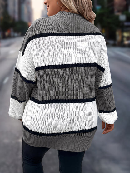 Übergröße, Neuer gestreifter Pullover für Damen Herbst/Winter, Farbblock-Lässig-Stil, Langarmshirt mit Rundhalsausschnitt