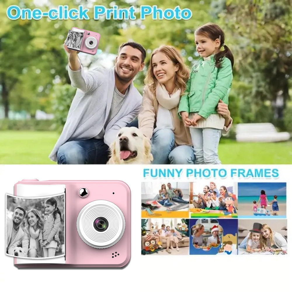 Tragbarer Mini-Fotodrucker & Dual-Kamera-Instant-Kamera , MP3-Wiedergabe und Smart-Game-Funktionen, inklusive 3 Rollen Druckerpapier