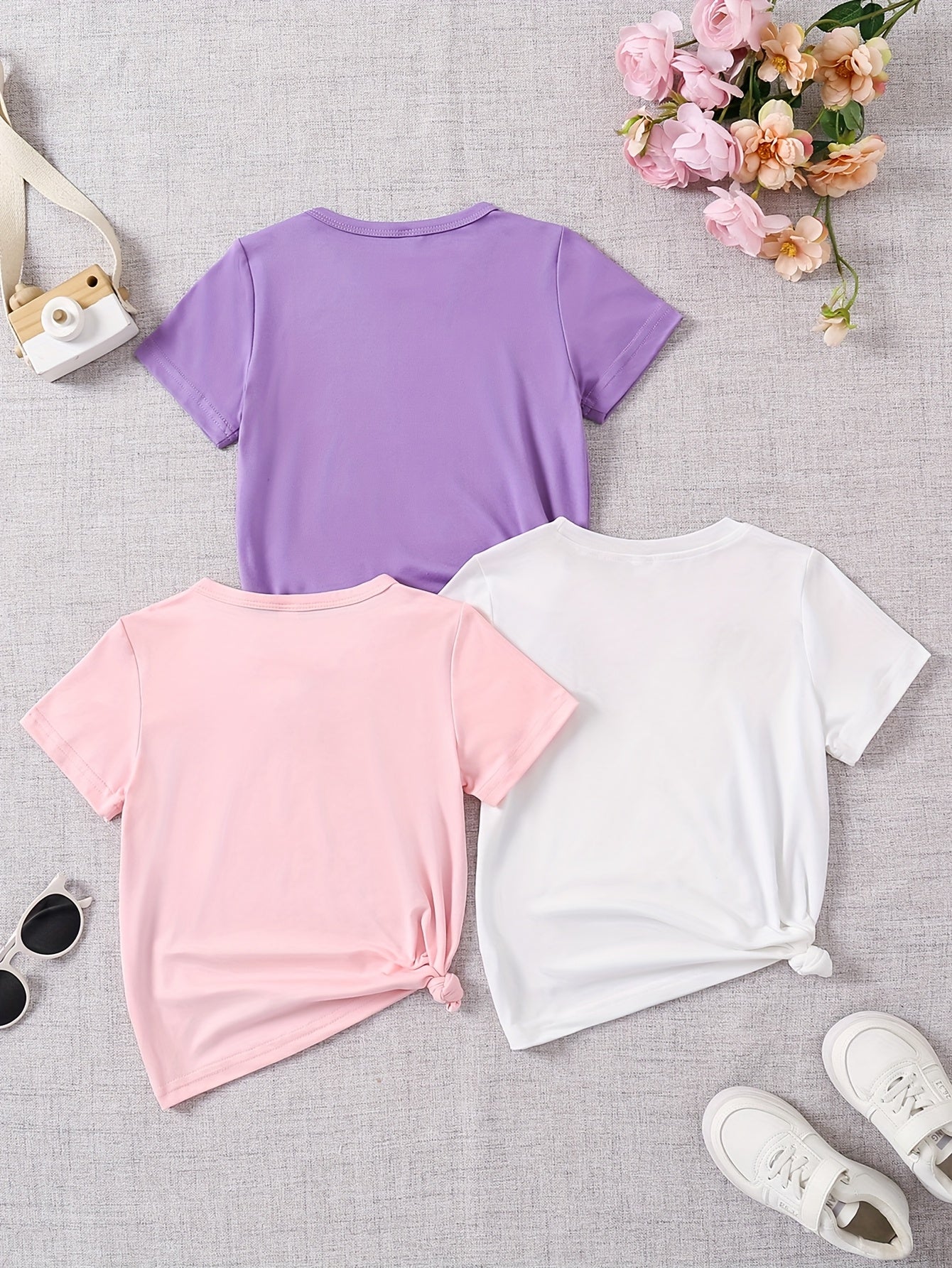 3 Stück Mädchen Sommer Kurzarm "K-POP Prinzessin Süßer Cooler Stil" Cartoon Print T-Shirts | Rundhalsausschnitt, Reguläre Passform, Lässige Strickoberteile für Mädchen