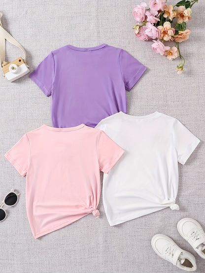 3 Stück Mädchen Sommer Kurzarm "K-POP Prinzessin Süßer Cooler Stil" Cartoon Print T-Shirts | Rundhalsausschnitt, Reguläre Passform, Lässige Strickoberteile für Mädchen