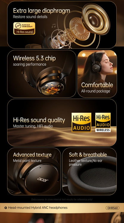 Acer Ohr560 Kabellose Kopfhörer | Over-Ear mit ANC Geräuschunterdrückung, Vollumfassendes Ohrdesign, Faltbar, Eingebautes Kondensatormikrofon, Hi-Fi Stereo Sound, HD ENC Anrufgeräuschreduzierung, Kompatibel mit 3,5-mm-Audiokabel, USA