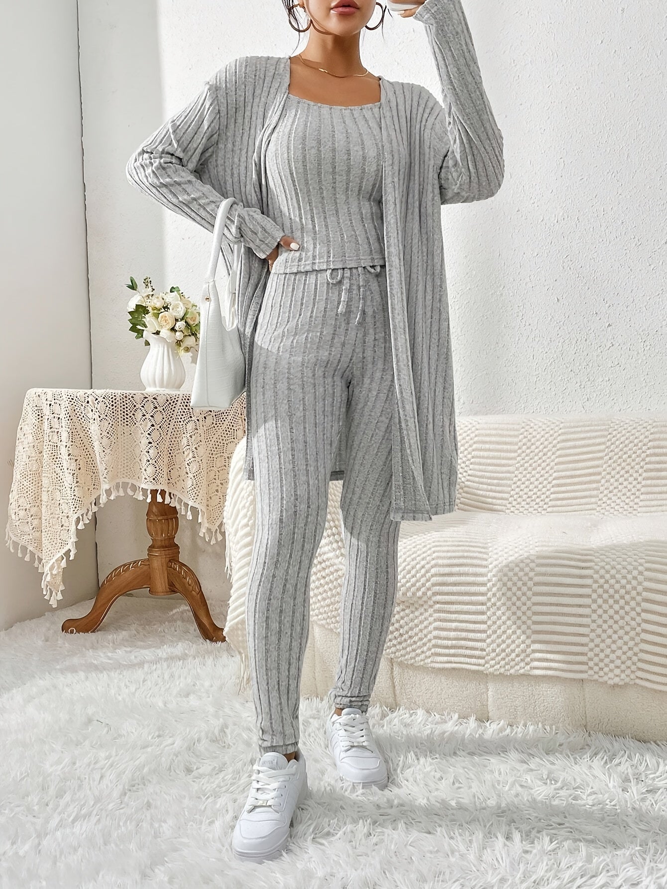 Übergröße, Damen Freizeit Strickjacke mit langen Ärmeln, Top und enge Hose Set, Übergröße Damen Herbst/Winter Dreiteiliges Hosen-Set