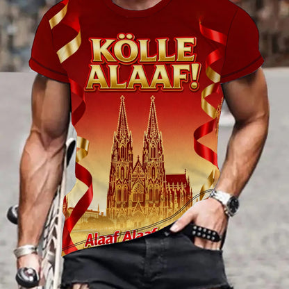 Herren-T-Shirt mit 3D-Digitalgrafikdruck-Design für den Kölner Karneval, mit rundem Rundhalsausschnitt und kurzen Ärmeln