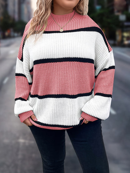 Übergröße, Neuer gestreifter Pullover für Damen Herbst/Winter, Farbblock-Lässig-Stil, Langarmshirt mit Rundhalsausschnitt