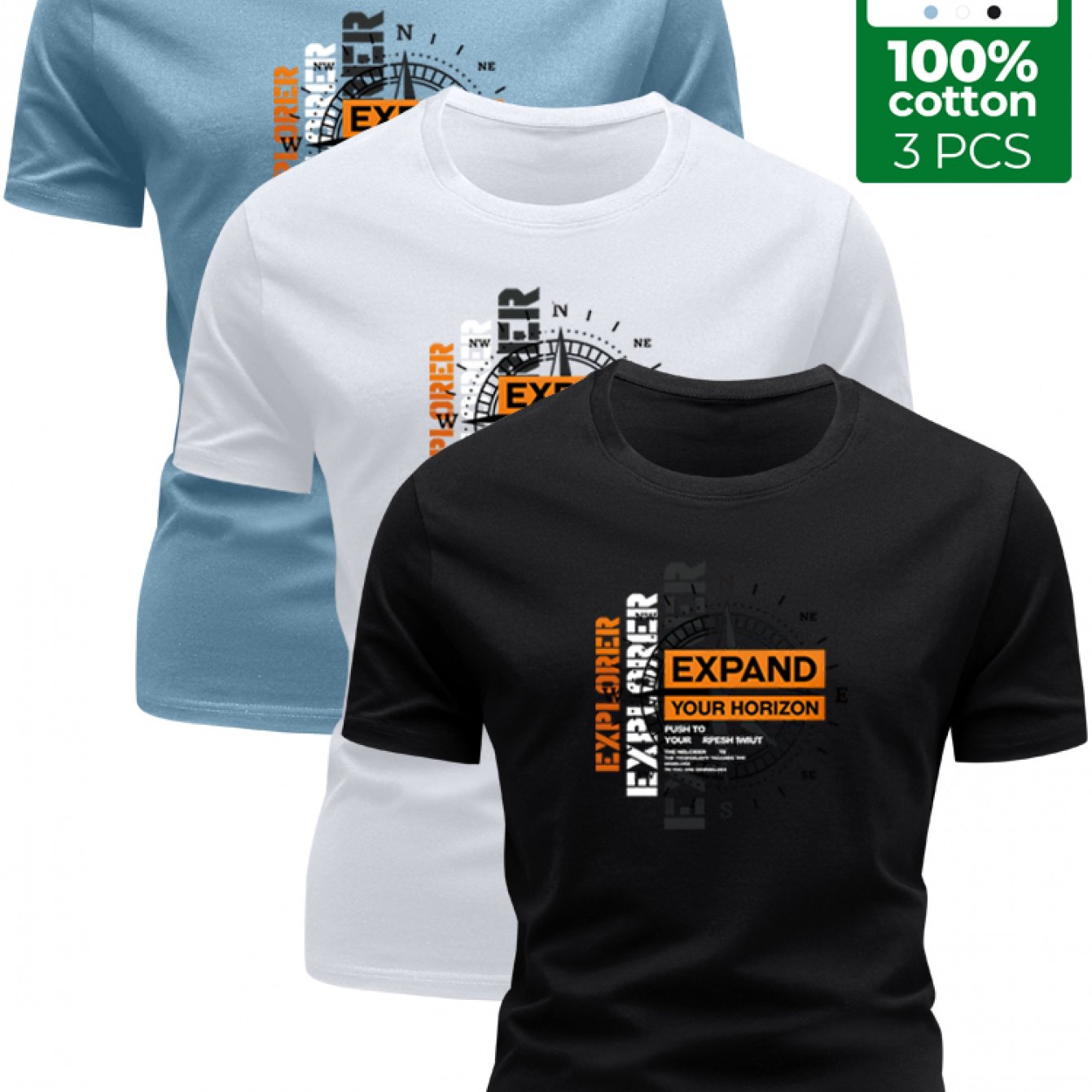 3 Stück - 100% Baumwolle T-Shirt mit Abenteuer-Stil Kompassdruck, lässiges Rundhals-Design, sommerliches trendiges Herrenoberteil