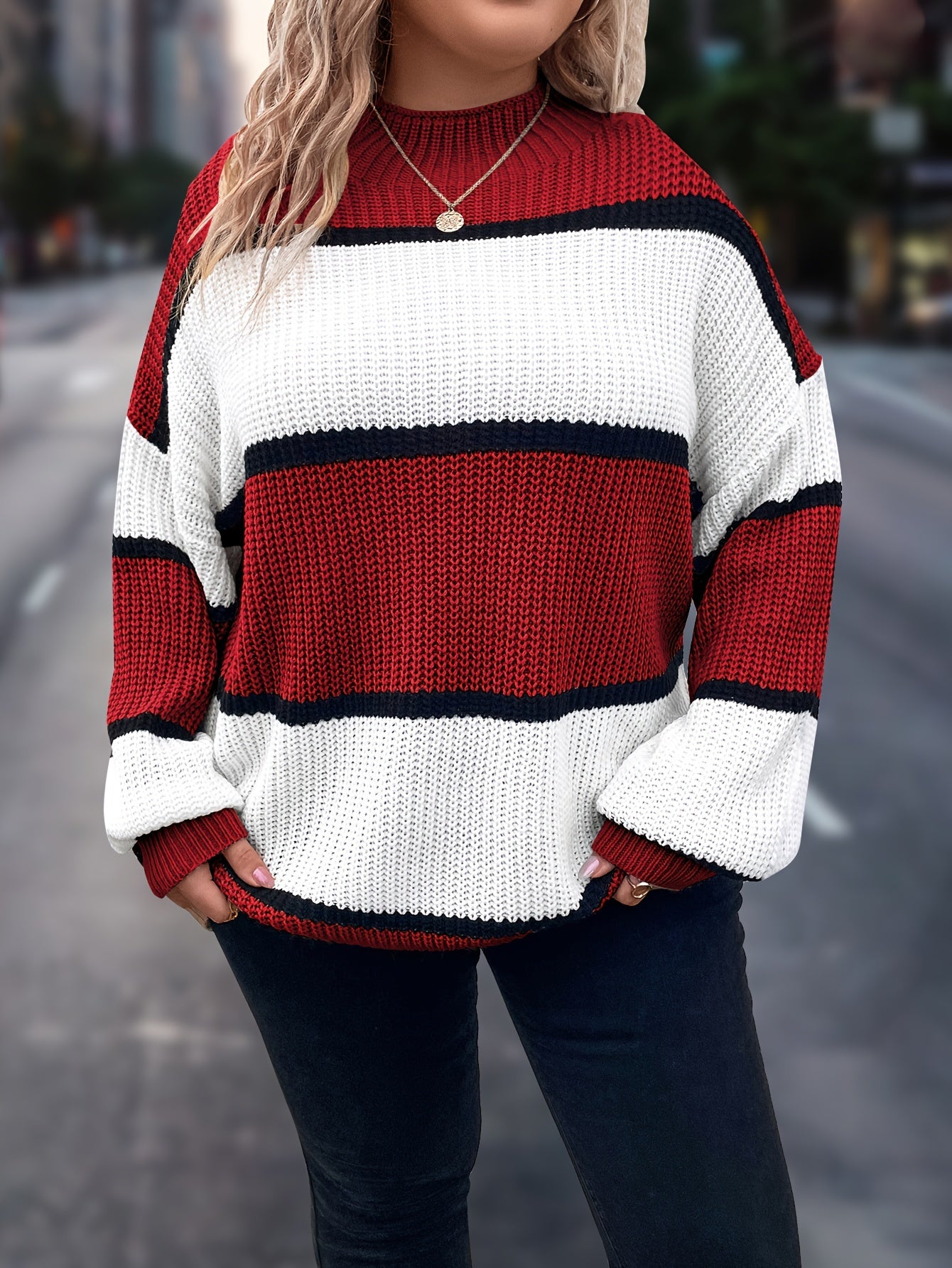 Übergröße, Neuer gestreifter Pullover für Damen Herbst/Winter, Farbblock-Lässig-Stil, Langarmshirt mit Rundhalsausschnitt
