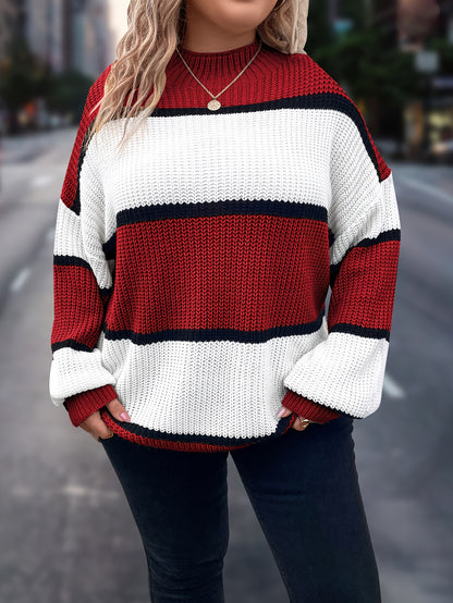 Übergröße, Neuer gestreifter Pullover für Damen Herbst/Winter, Farbblock-Lässig-Stil, Langarmshirt mit Rundhalsausschnitt