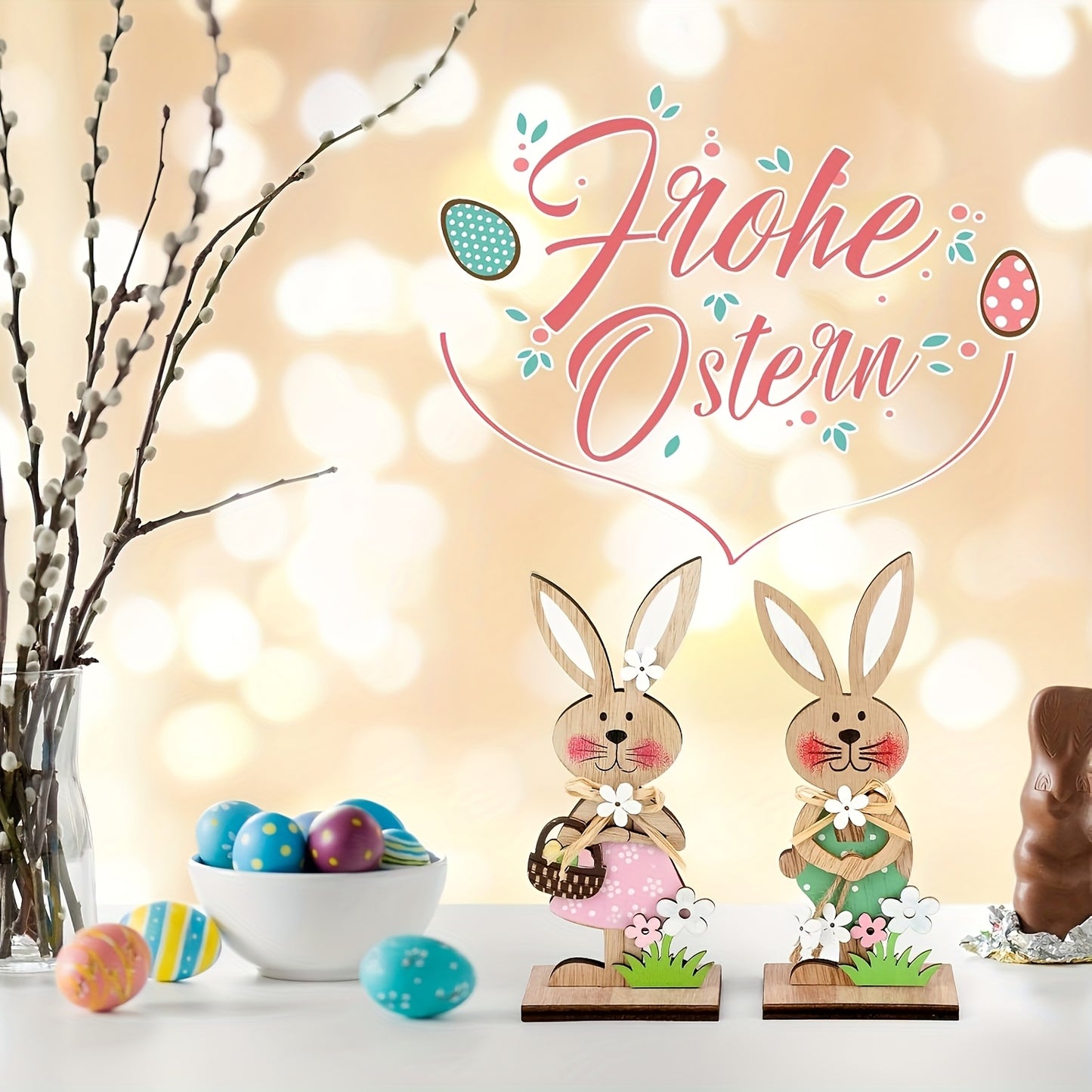 2D Flach, 2 Stück Holz-Osterhasen-Schreibtisch-Dekorationsset mit Blumenakzenten und Korb - Kein Stromanschluss erforderlich, perfekt für Garten- und Heimdekoration, Hasen-Zubehör, 2D Flach