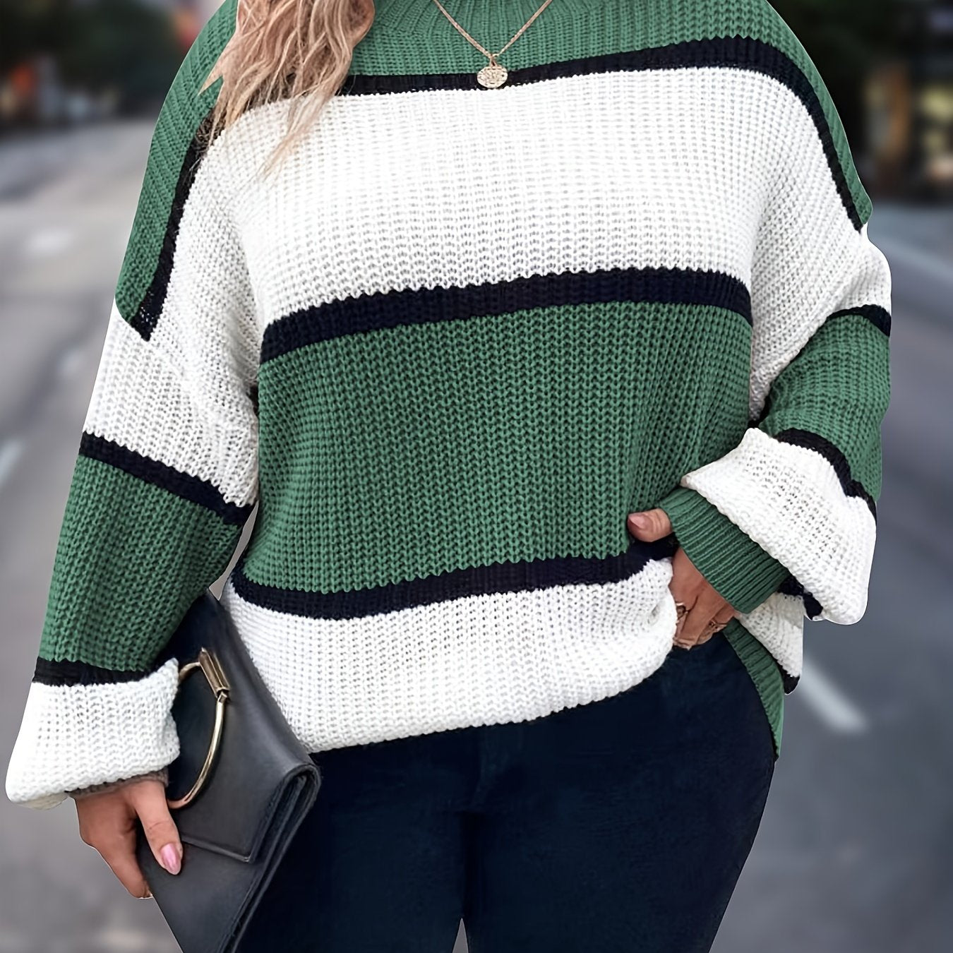 Übergröße, Neuer gestreifter Pullover für Damen Herbst/Winter, Farbblock-Lässig-Stil, Langarmshirt mit Rundhalsausschnitt