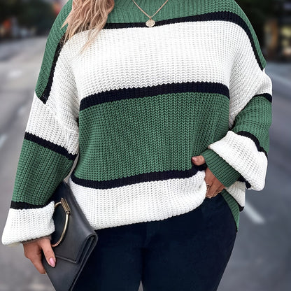 Übergröße, Neuer gestreifter Pullover für Damen Herbst/Winter, Farbblock-Lässig-Stil, Langarmshirt mit Rundhalsausschnitt