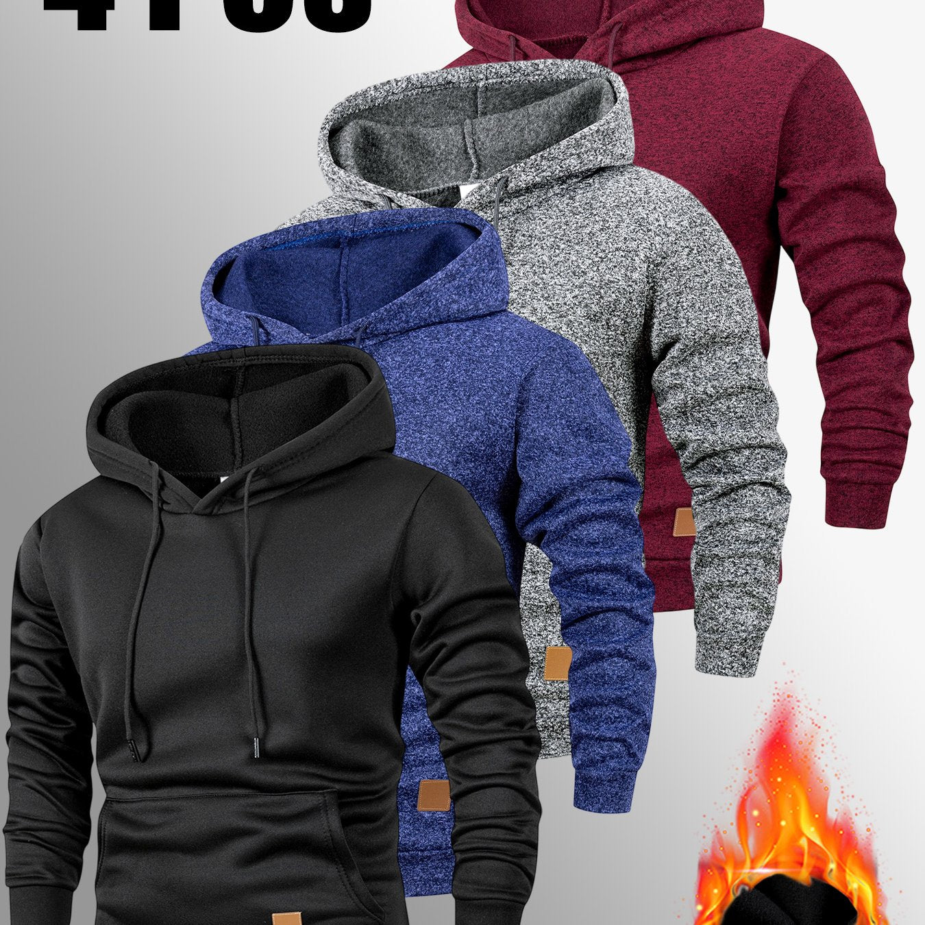 4er-Set Warmes Kapuzenpullover-Set, Herbst-Winter Freizeit Minimalistisches einfarbiges Langarm-Thermooberteil mit Kängurutasche und verstellbarer Kapuze mit Kordelzug