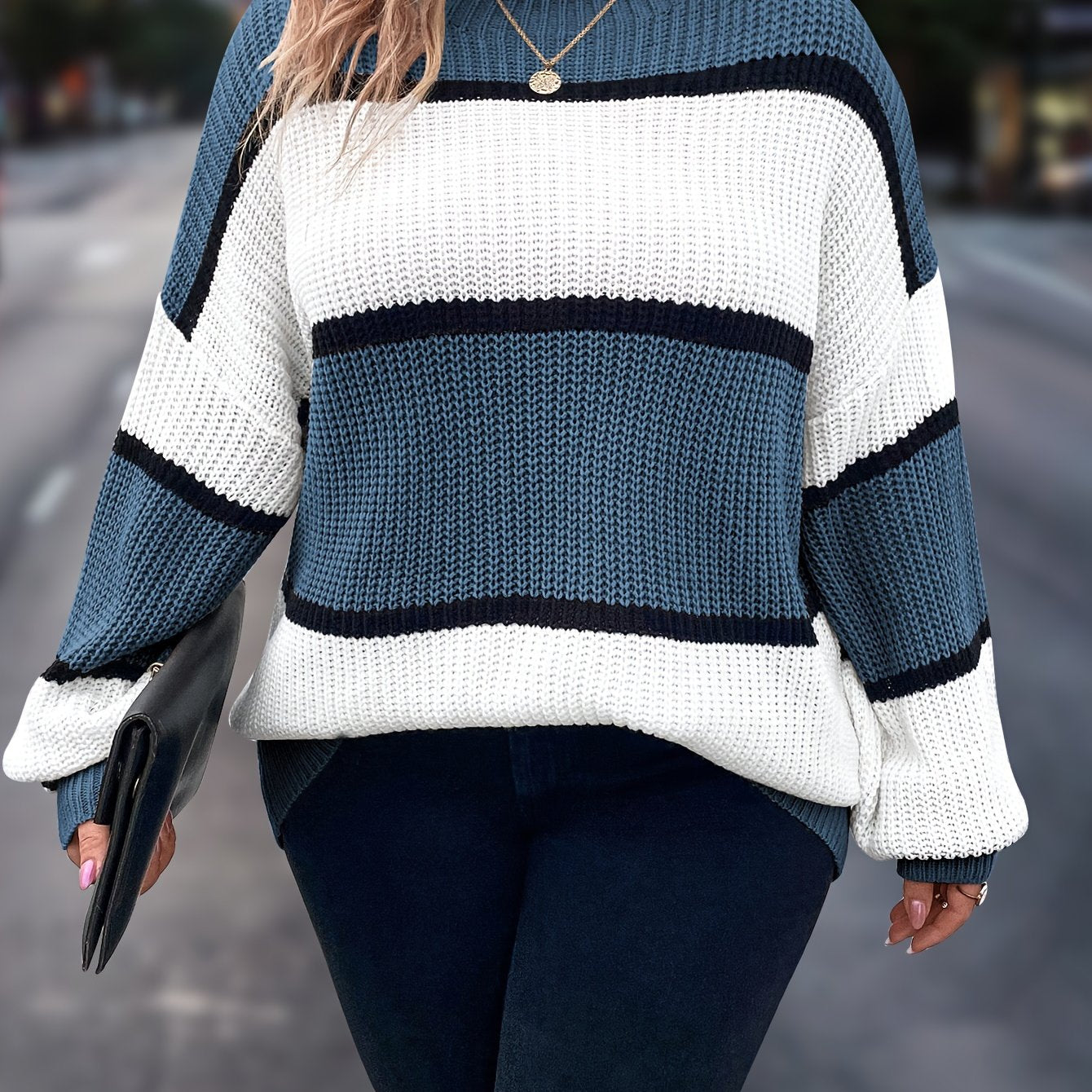 Übergröße, Neuer gestreifter Pullover für Damen Herbst/Winter, Farbblock-Lässig-Stil, Langarmshirt mit Rundhalsausschnitt