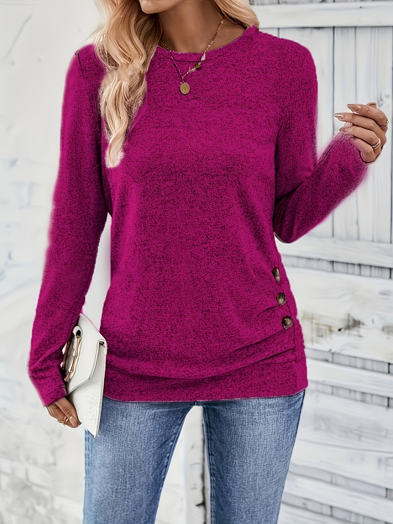Übergrößen - 3-teiliger Damen-Set: Locker sitzendes Langarm-Casual-Top mit seitlichen Knöpfen | Rundhalsausschnitt, mittlere Dehnbarkeit, einfarbig für Herbst/Winter