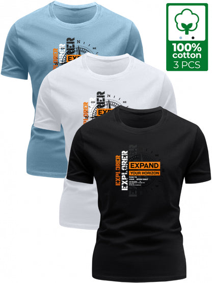3 Stück - 100% Baumwolle T-Shirt mit Abenteuer-Stil Kompassdruck, lässiges Rundhals-Design, sommerliches trendiges Herrenoberteil