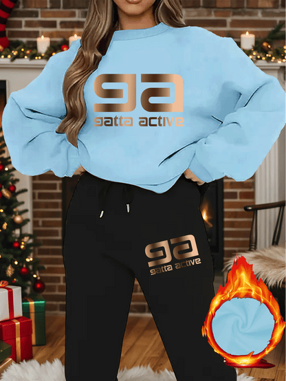 2-teiliges künstlerisches, elegantes Grafik-Slogan-gedrucktes Y2K-Stil neues Damen-Casual-Sport Set mit Rundhals-Pullover mit langen Ärmeln und Hose