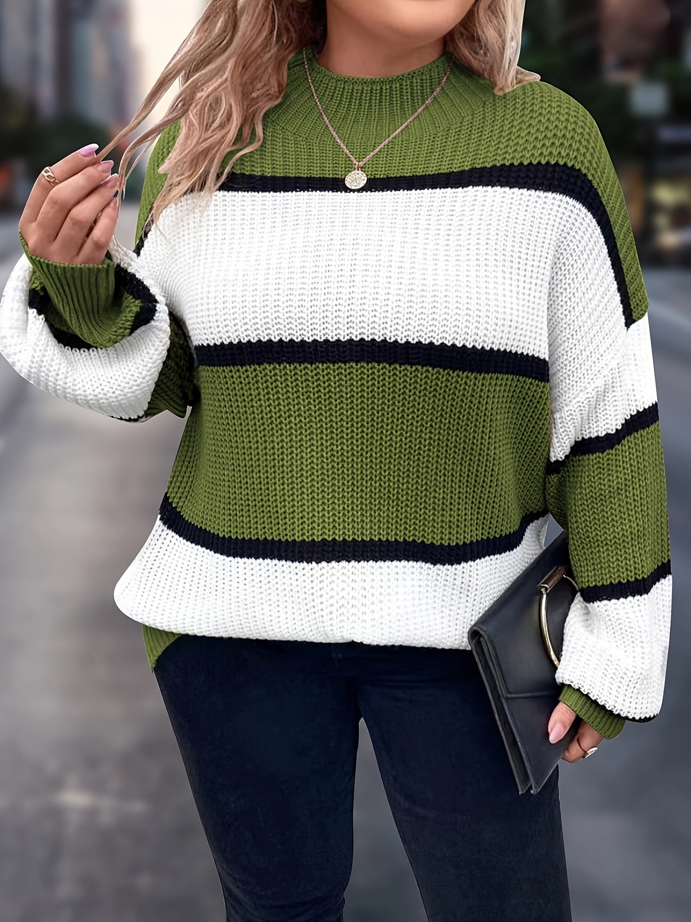 Übergröße, Neuer gestreifter Pullover für Damen Herbst/Winter, Farbblock-Lässig-Stil, Langarmshirt mit Rundhalsausschnitt