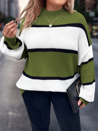 Übergröße, Neuer gestreifter Pullover für Damen Herbst/Winter, Farbblock-Lässig-Stil, Langarmshirt mit Rundhalsausschnitt