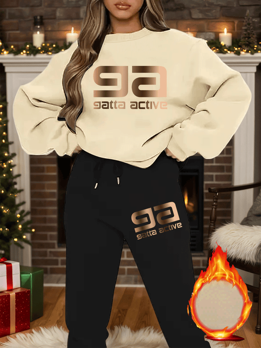 2-teiliges künstlerisches, elegantes Grafik-Slogan-gedrucktes Y2K-Stil neues Damen-Casual-Sport Set mit Rundhals-Pullover mit langen Ärmeln und Hose