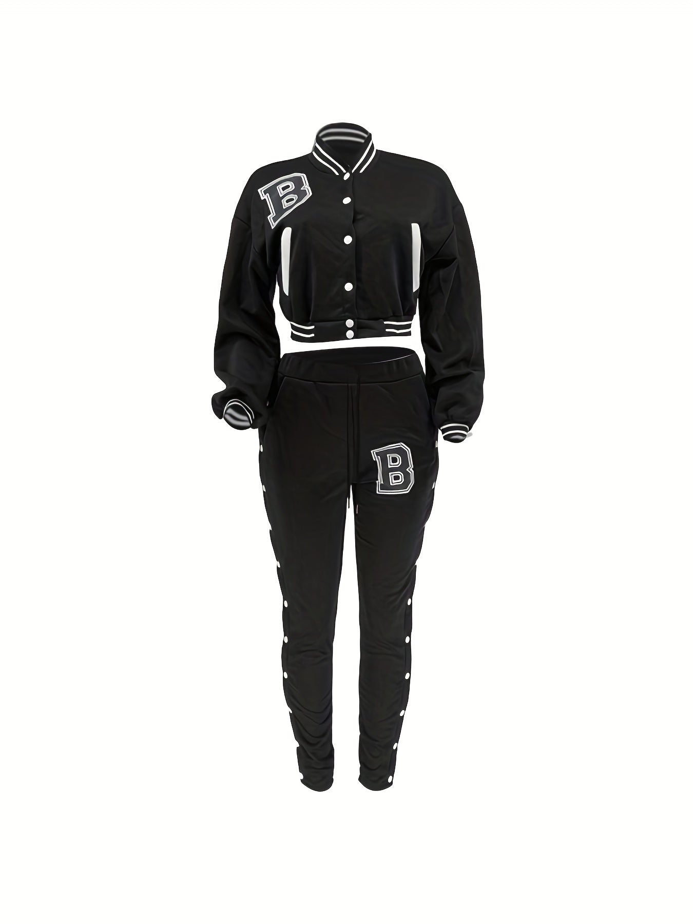 Damen-Set aus roter Jacke und Hose - Lässiges Polyester mit Buchstaben-„B“-Aufnähern, Knopfverschluss und gestreiften Akzenten