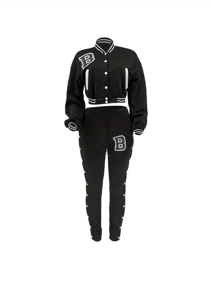 Damen-Set aus roter Jacke und Hose - Lässiges Polyester mit Buchstaben-„B“-Aufnähern, Knopfverschluss und gestreiften Akzenten