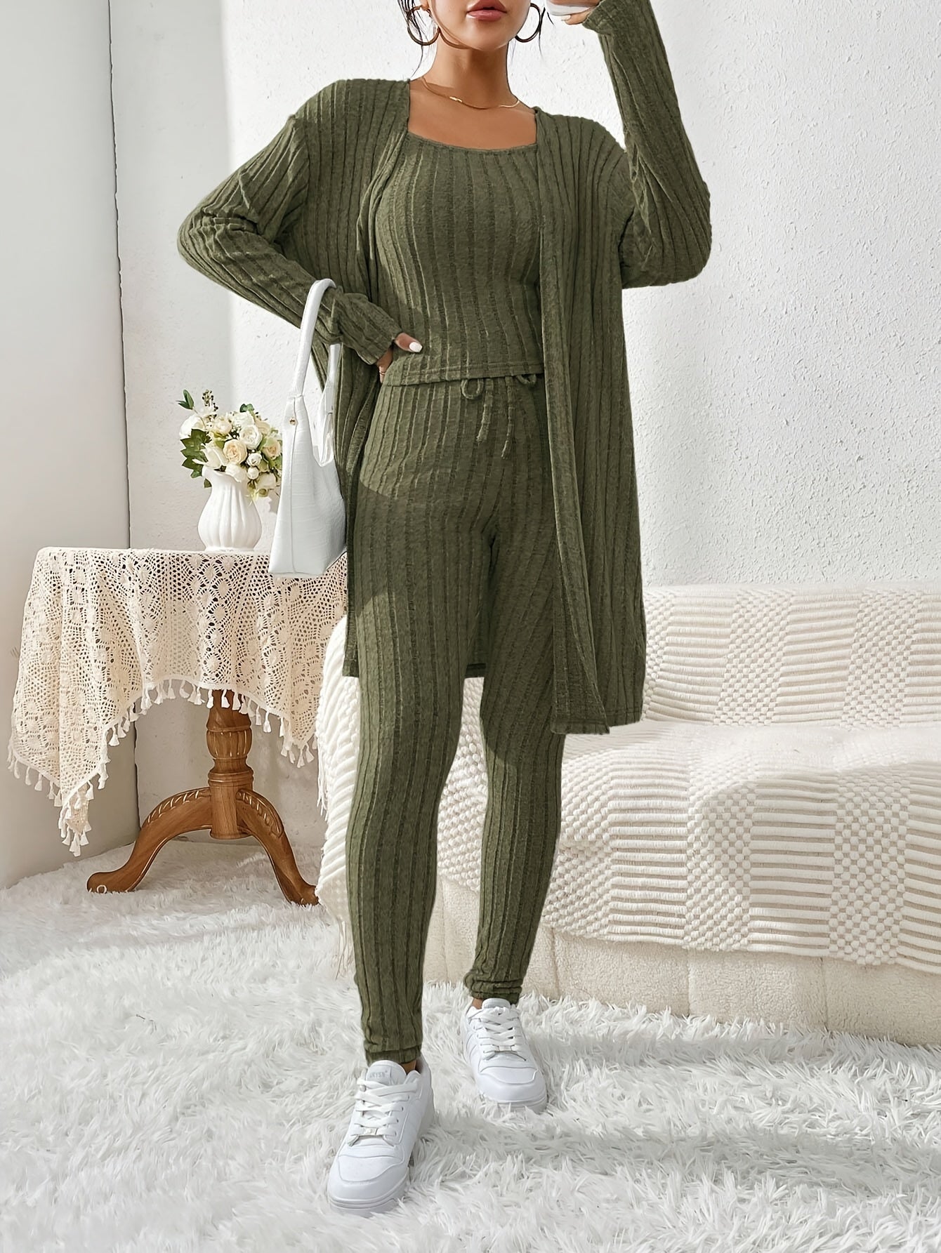 Übergröße, Damen Freizeit Strickjacke mit langen Ärmeln, Top und enge Hose Set, Übergröße Damen Herbst/Winter Dreiteiliges Hosen-Set
