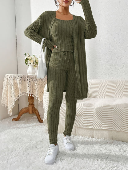 Übergröße, Damen Freizeit Strickjacke mit langen Ärmeln, Top und enge Hose Set, Übergröße Damen Herbst/Winter Dreiteiliges Hosen-Set