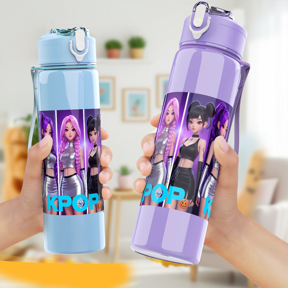 Plastikwasserflasche, Kpop-Mode-Design, Geeignet für Camping, Fitnessstudio, Picknick, Große Kapazität, Leicht zu reinigen, Leicht, Tragbar, 25oz/750ml, Perfektes Geschenk zum Geburtstag