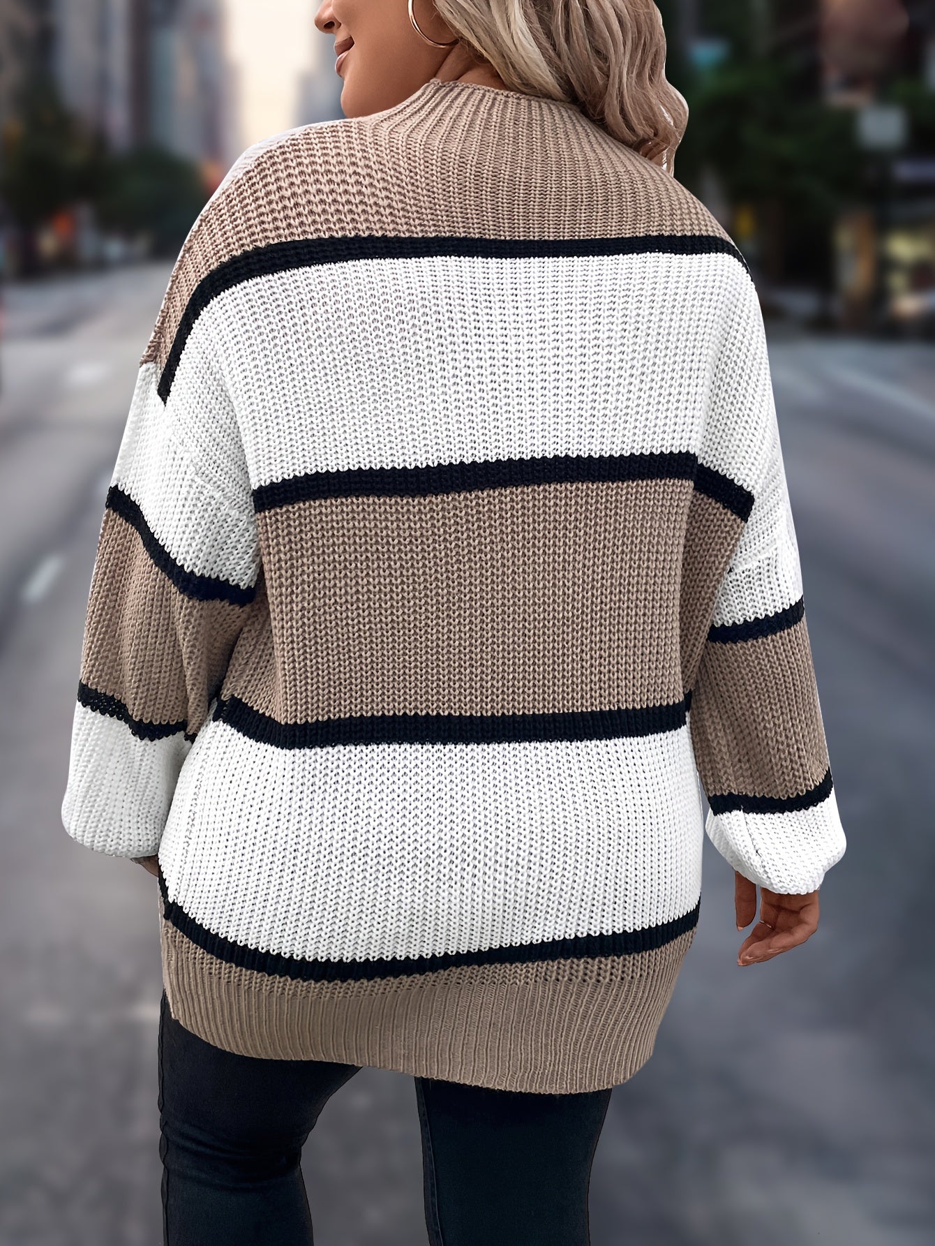 Übergröße, Neuer gestreifter Pullover für Damen Herbst/Winter, Farbblock-Lässig-Stil, Langarmshirt mit Rundhalsausschnitt