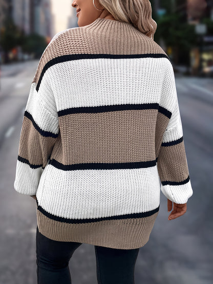 Übergröße, Neuer gestreifter Pullover für Damen Herbst/Winter, Farbblock-Lässig-Stil, Langarmshirt mit Rundhalsausschnitt