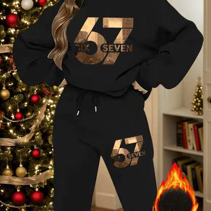 2 Teile SIX SEVEN Bedruckter Y2K-Stil Elegante Lässige Damen-Sportbekleidung | Fleece Pullover mit Rundhalsausschnitt und Langarm sowie Lange Hose Set