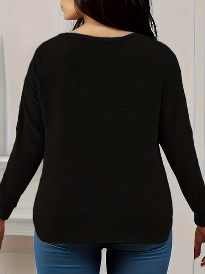 Übergrößen - 3-teiliger Damen-Set: Locker sitzendes Langarm-Casual-Top mit seitlichen Knöpfen | Rundhalsausschnitt, mittlere Dehnbarkeit, einfarbig für Herbst/Winter