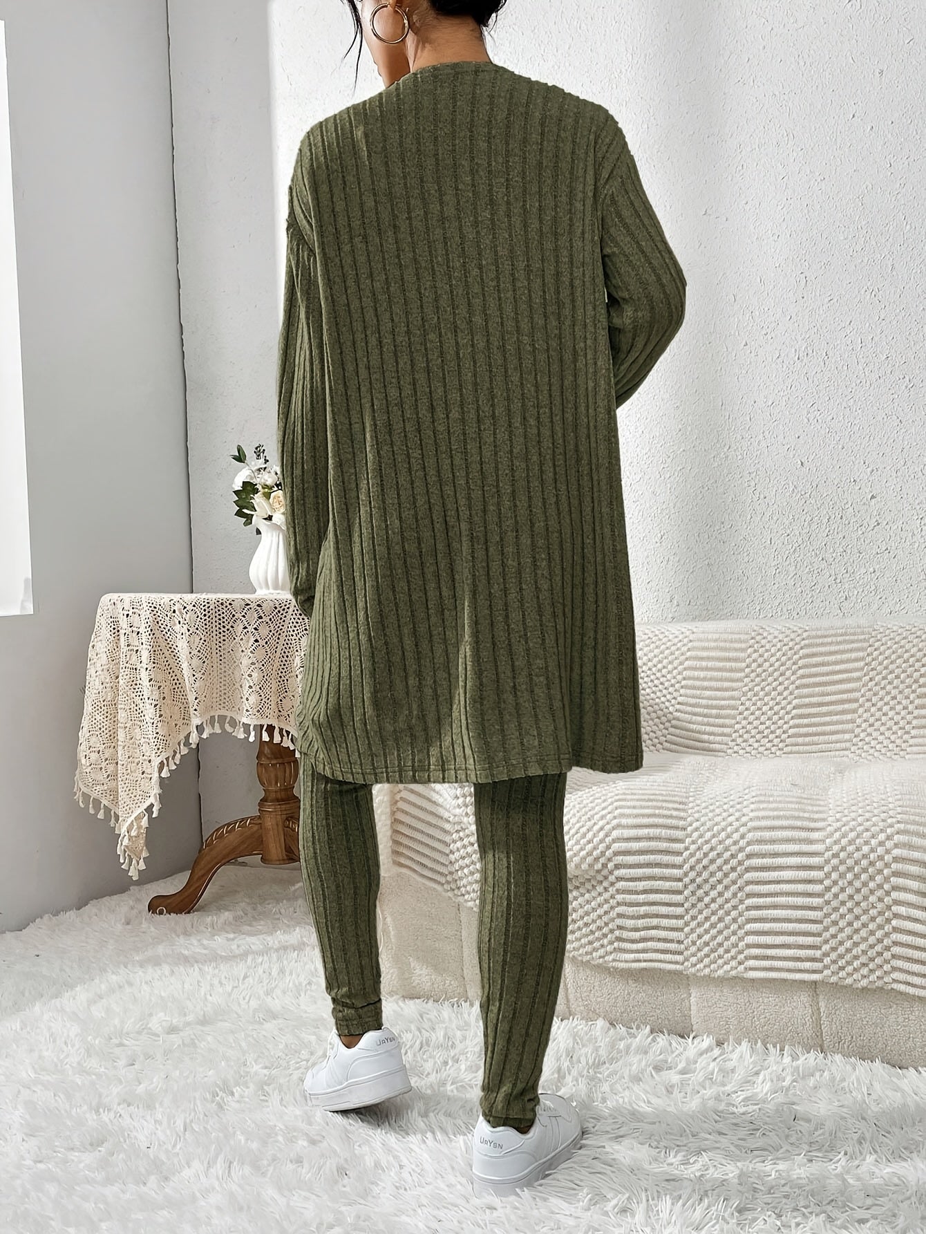 Übergröße, Damen Freizeit Strickjacke mit langen Ärmeln, Top und enge Hose Set, Übergröße Damen Herbst/Winter Dreiteiliges Hosen-Set