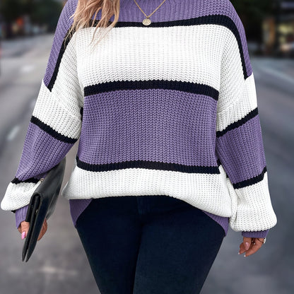 Übergröße, Neuer gestreifter Pullover für Damen Herbst/Winter, Farbblock-Lässig-Stil, Langarmshirt mit Rundhalsausschnitt