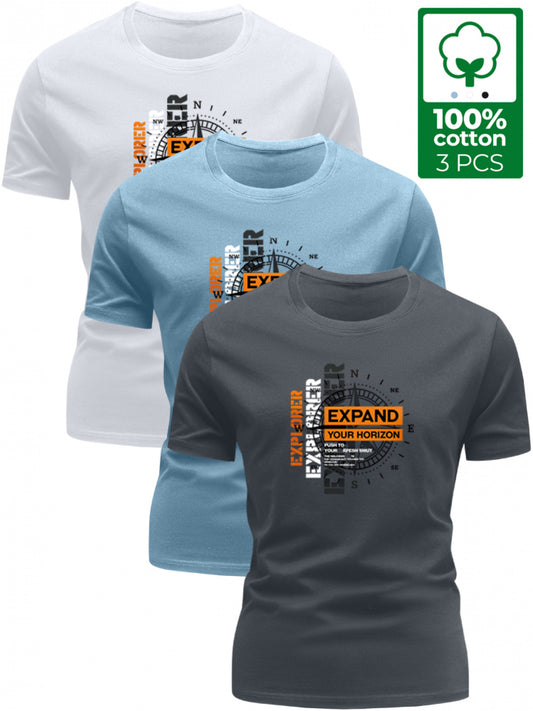 3 Stück - 100% Baumwolle T-Shirt mit Abenteuer-Stil Kompassdruck, lässiges Rundhals-Design, sommerliches trendiges Herrenoberteil