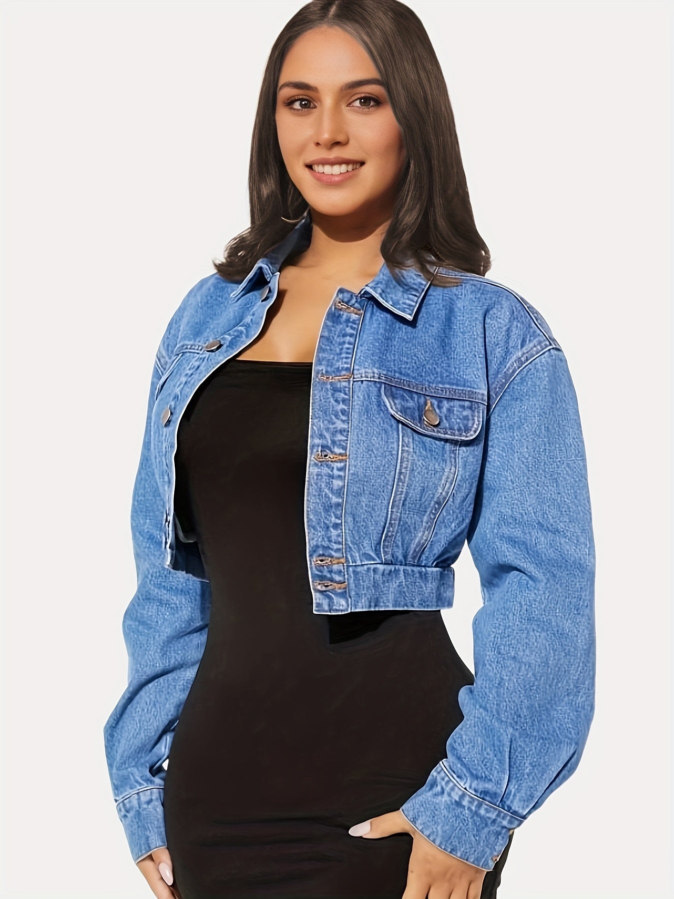 Einreihige Jeansjacke mit langen Ärmeln und Kragen, Oversize-Design mit Klappentaschen, kurze Jeansjacke, Damen-Jeans und Kleidung
