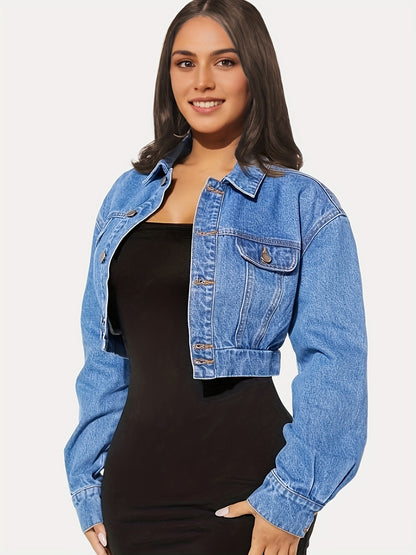 Einreihige Jeansjacke mit langen Ärmeln und Kragen, Oversize-Design mit Klappentaschen, kurze Jeansjacke, Damen-Jeans und Kleidung