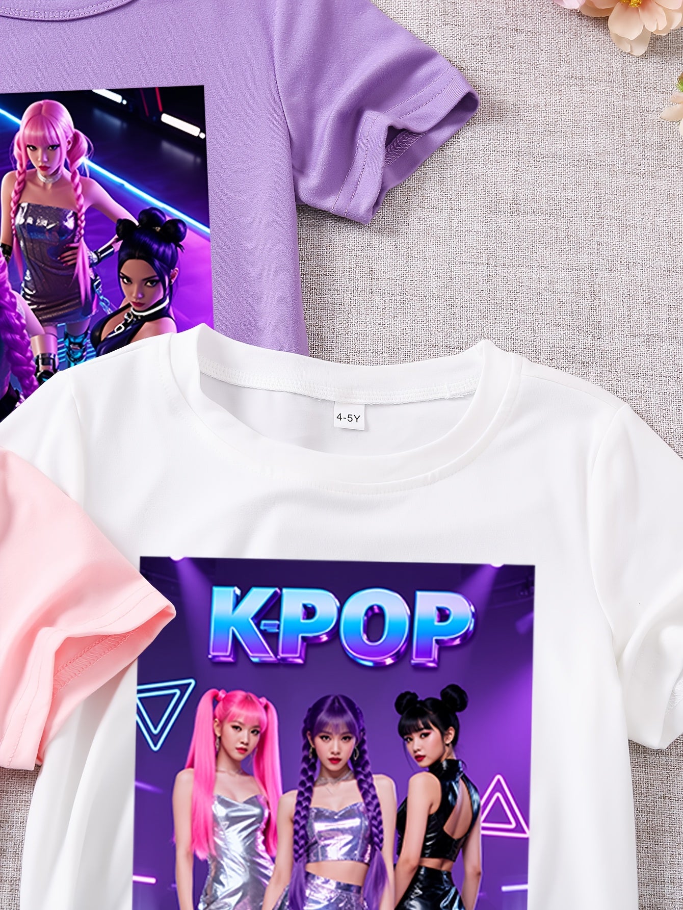 3 Stück Mädchen Sommer Kurzarm "K-POP Prinzessin Süßer Cooler Stil" Cartoon Print T-Shirts | Rundhalsausschnitt, Reguläre Passform, Lässige Strickoberteile für Mädchen
