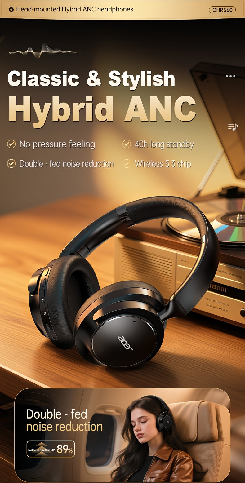 Acer Ohr560 Kabellose Kopfhörer | Over-Ear mit ANC Geräuschunterdrückung, Vollumfassendes Ohrdesign, Faltbar, Eingebautes Kondensatormikrofon, Hi-Fi Stereo Sound, HD ENC Anrufgeräuschreduzierung, Kompatibel mit 3,5-mm-Audiokabel, USA