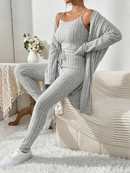 Übergröße, Damen Freizeit Strickjacke mit langen Ärmeln, Top und enge Hose Set, Übergröße Damen Herbst/Winter Dreiteiliges Hosen-Set