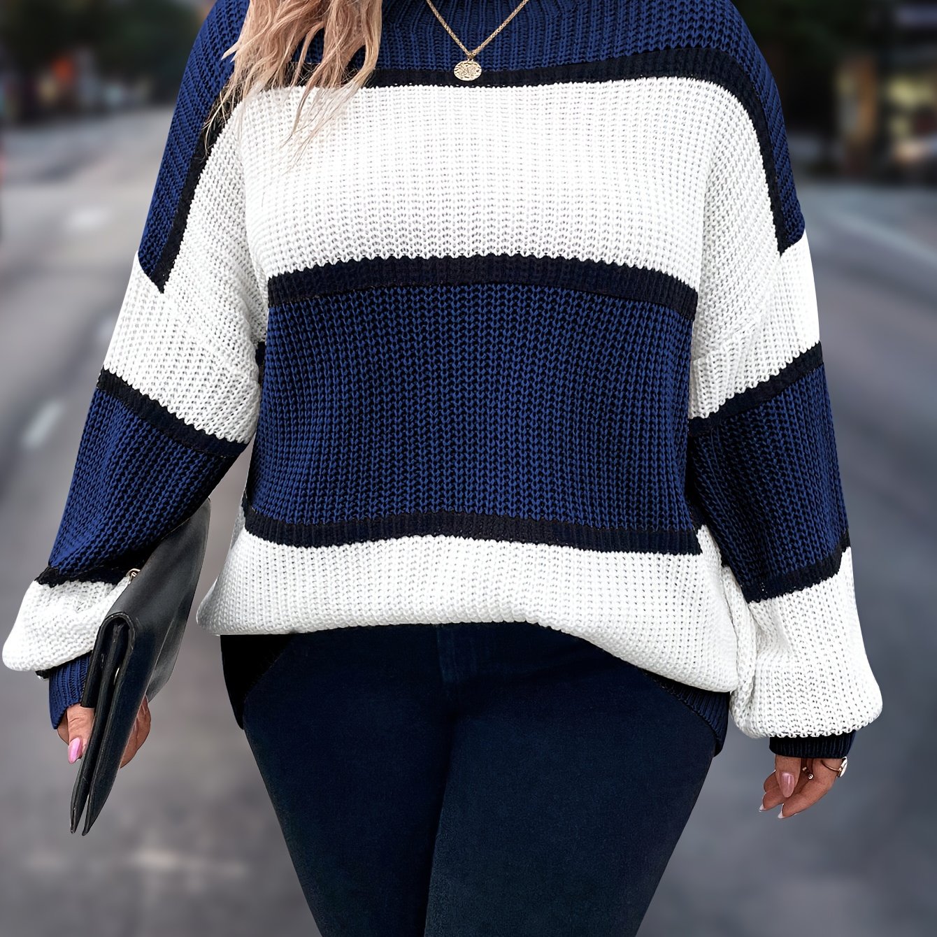 Übergröße, Neuer gestreifter Pullover für Damen Herbst/Winter, Farbblock-Lässig-Stil, Langarmshirt mit Rundhalsausschnitt