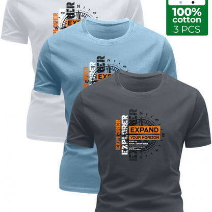 3 Stück - 100% Baumwolle T-Shirt mit Abenteuer-Stil Kompassdruck, lässiges Rundhals-Design, sommerliches trendiges Herrenoberteil