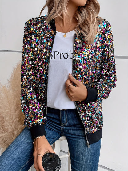 Elegante, mit Pailletten verzierte Damenjacke – schicker Bomber-Stil mit Reißverschluss, Baseballkragen, langen Ärmeln und buntem Punktmuster , aus nicht dehnbarem Polyestergewebe