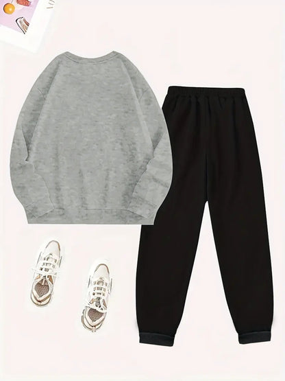 2 Teile SIX SEVEN Bedruckter Y2K-Stil Elegante Lässige Damen-Sportbekleidung | Fleece Pullover mit Rundhalsausschnitt und Langarm sowie Lange Hose Set