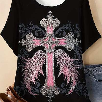 Großgröße, Damen T-Shirt mit Leopardenmuster, Kreuz- und Engelsflügel-Grafik - Dehnbares, atmungsaktives Freizeitoberteil, rosa/schwarzes Design, maschinenwaschbar