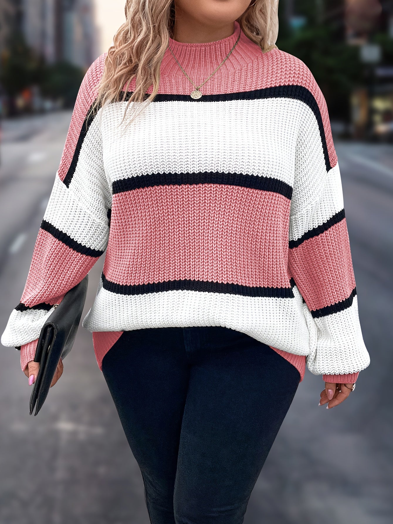 Übergröße, Neuer gestreifter Pullover für Damen Herbst/Winter, Farbblock-Lässig-Stil, Langarmshirt mit Rundhalsausschnitt